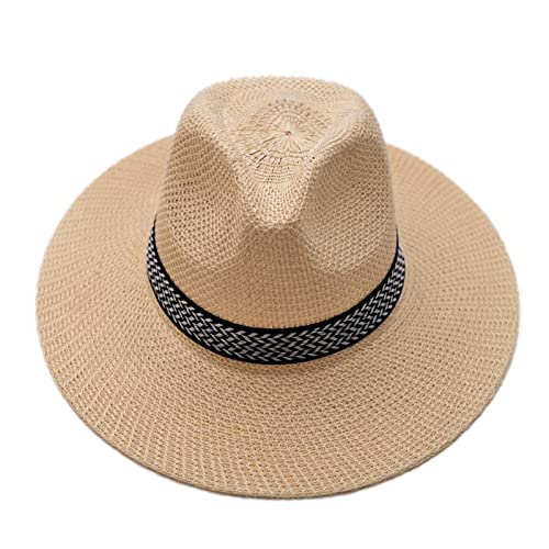 XIXIMAON Herren Strohhut Panama breite Krempe Sommer Fedora Trilby Gangster Sonnenhut UV-Schutz mit Band für Strand Urlaub, beige, Einheitsgröße von XIXIMAON