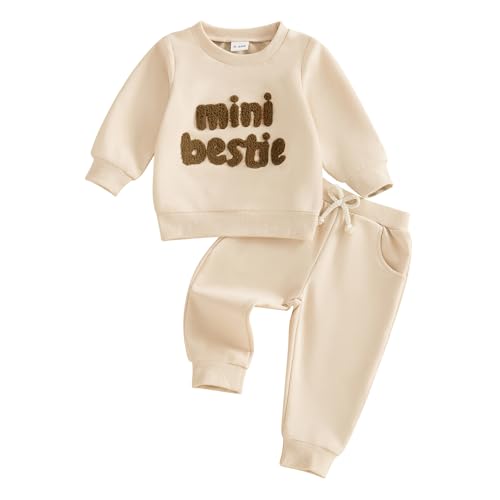 XIXIMAON Kleinkind Baby Jungen Mädchen Herbst Winter Kleidung 2-teiliges Mini Bestie Brief Druck Stickerei Trainingsanzug Set Langarm Sweatshirt Hose Set, beige, 18-24 Months von XIXIMAON