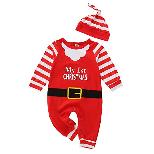 XIXIMAON Neugeborene Baby Jungen 2 Stück Set Weihnachten Outfits Kostüm Weihnachtsmann Langarm Gestreiftem Strampler Overall mit Buchstabendruck Mein Erstes Weihnachten + Hut (Rot, 18-24 Monate) von XIXIMAON