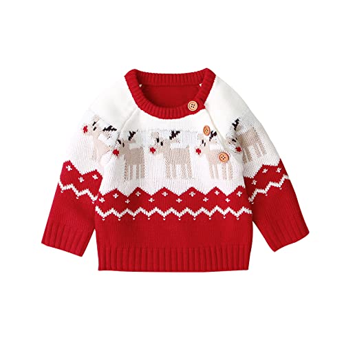 XIXIMAON Neugeborene Baby Unisex Weihnachten Pulli Weihnachtspullover Langarm Strickpullover Rundhals mit Rentier Muster Gestrickt Pullover Sweater für Kleinkind Mädchen Jungen (Rot, 0-3 Monate) von XIXIMAON