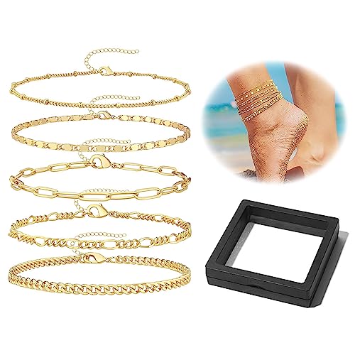 XIXKOLYU® 5 Stück Fußkettchen-Set für Damen, 14 Karat vergoldet, wasserfest, geschichtet, kubanische Figaro-Gliederkette, Fußkettchen-Set, Gold-Fußkettchen, Schmuck von XIXKOLYU