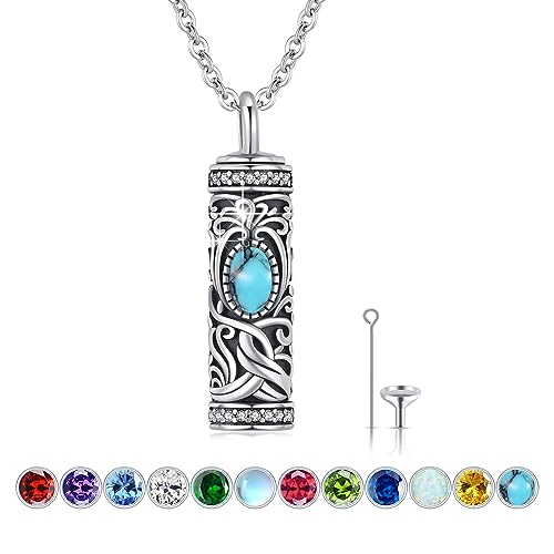 Baum des Lebens Urne Halsketten für Asche Sterling Silber Baum des Lebens Feuerbestattung Schmuck Erinnerungsschmuck Geschenk für Frauen Männer Zylinder Urne Halskette Sterling Silber (12-Turquoise) von XIXLES