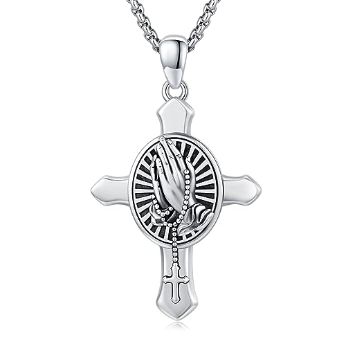 XIXLES Betende Händen Halskette Sterling Silber Kreuz Halskette Serenity Gebet Kreuz Kette Religiöses Christlicher Amulett Gebetshand Anhänger Halskette Schmuck Geschenke für Herren Damen von XIXLES