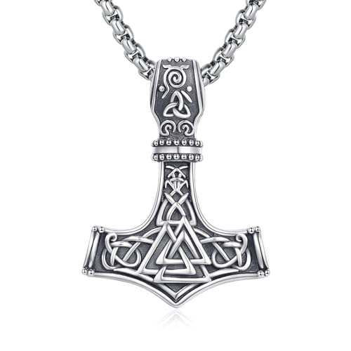 XIXLES 925 Sterling Silber Thors Hammer Kette für Herren Damen, Wikinger Wolf Anhänger für Männer mit Rolo Kette von XIXLES