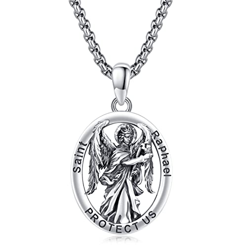 XIXLES Saint Raphael Halskette 925 Sterling Silber St.Raphael Erzengel Kette Herren Damen Oval Amulett Anhänger Silber Christliche Halskette für Damen Herren Schutzengel-Halskette von XIXLES