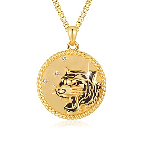 XIXLES Tiger-Halskette, 925er Sterling Silber, 18K vergoldet Tiger-Anhänger Halsketten, fein goldener Tigerkopf Medaillen Charm Anhänger, runde Tiger-Münze, Schmuck, Geschenk für Männer und Frauen von XIXLES