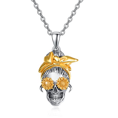 XIXLES Totenkopf Halskette aus 925er Sterling silber 3D Sonnenblumen Schädel Anhänger geprägter Punk Skelett Charm feiner Gothic Schmuck Geschenk für Männer Frauen Jungen Halloween Weihnachts Tag von XIXLES