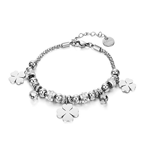 XIYINTA Popcorn Armbänder für Damen, Edelstahl Kette Handgelenk Armband Charm Anhänger Armband mit Kristall (# 3 Vierblättriges Kleeblatt) XIYINTA Popcorn Armbänder für Damen, Edelstahl Kette Handgelenk Armband Charm Anhänger Armband mit Kristall (# 3 Vierblättriges Kleeblatt) von XIYINTA