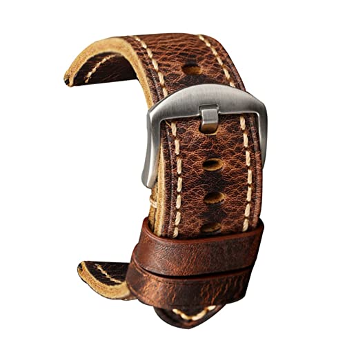 XJBCOD YIYOUU Handgeklapptes Rindsleder-Armband, kompatibel mit PAM111 20 22 24 26mm Erfärbter brauner Retro-Stil des Herren-Lederbandes(Color:A Silver buckle,Size:22mm) von XJBCOD