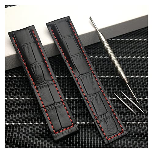 YIYOU 20mm 22M echtes Armband mit echtem Leder kompatibel mit TAG HEUER Strap-Serie Männer Qualität Band weiches Uhrband kompatibel mit TAG HEUER Handgelenkarmband ( Color : Black red line , Size : 22 von XJBCOD