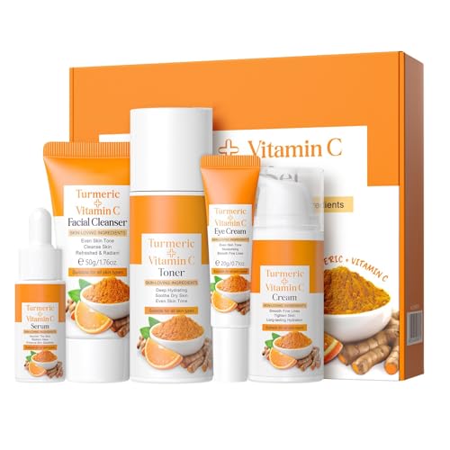 Kurkuma-Hautpflege-Set, Hautpflege-Geschenkset für Frauen, Teenager, Mädchen, 5-teiliges Kurkuma-Vitamin-C-Gesichtspflege-Set für strahlende Haut mit Kurkuma-Gesichtsreinigung, Toner, Serum von XJBD
