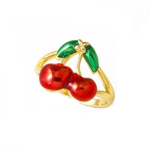 Niedliche Kirsche verstellbare offene Ringe für Frauen 14k grün roter Emaille Schönes süßes Essen Frucht Statement Finger Knöchel Band Ring Komfort FIT MINIMALISTER von XJEIVJIC