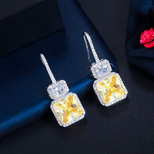 Sparkling Yellow Topaz Cubic Zirconia Square Dangle Drop Hook Earrings For Women Fine Jewelry von XJEIVJIC