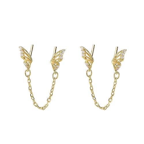 Süßer winziger Schmetterling Doppelpiercing Huggie kleiner Bolzen mit kurzkettigen Manschetten -Wickel -Ohrringen für Frauen Knorpel zwei Löcher Tier Hypoallergen Hypoallergene von XJEIVJIC