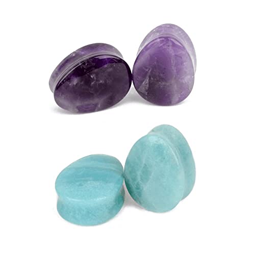 XJEIVJIC Amethyst Amazonitohrstöpsel Tunnel Bio Natural Stone Bindel Expander Messgeräte Ohrringe Tränendrop Doppelblatt Körperpiercing -Set von XJEIVJIC