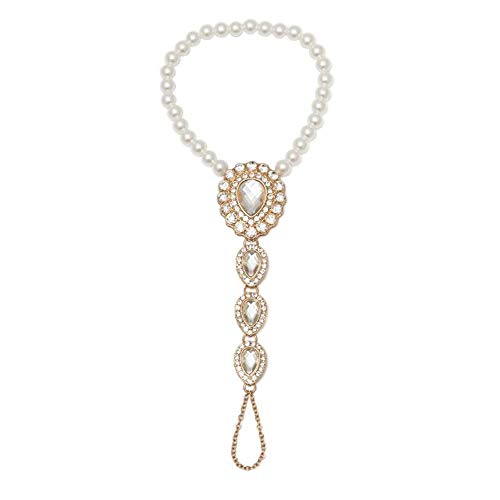 XJEIVJIC Bohemian Pearl Crystal Spuckirt mit Zehenring Strand Hochzeit Strass Barfuß Sandalen Boho -Knöchelarmband für Frauen von XJEIVJIC
