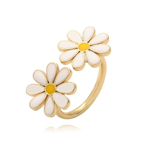 XJEIVJIC Double Daisy Flower Verstellbarer offener Ring für Frauen zierlich süße 14k weiß/rosa Emaille Hypoallergene florale expandierbare Aussage Finger Komfort Pass von XJEIVJIC