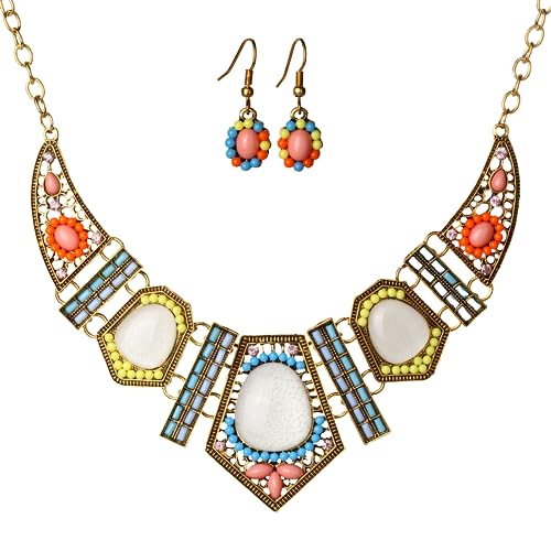 XJEIVJIC Ethnische Style Halskette Ohrringe Geometrische Form Farbharz Halskette Ohrring Frauen Set Set von XJEIVJIC