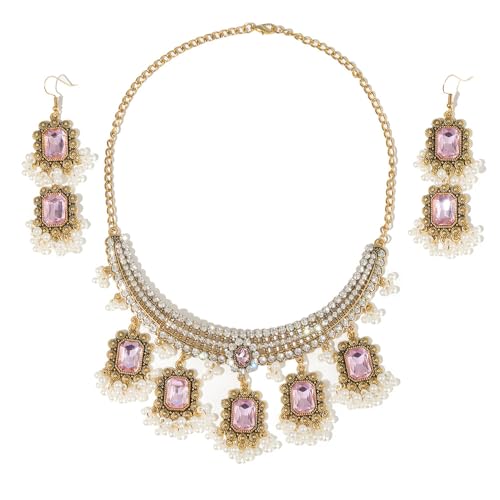 XJEIVJIC Ethnisches Rechteck Perlen Quaste Quastel Dangle Drop Stud Ohrringe Choker Halskette Set für Frauen Vintage Indian Traditionelle Mode Antiquitäten Bollywood für Hochzeitsfeier von XJEIVJIC