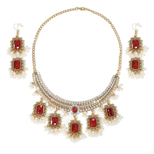 XJEIVJIC Ethnisches Rechteck Perlen Quaste Quastel Dangle Drop Stud Ohrringe Choker Halskette Set für Frauen Vintage Indian Traditionelle Mode Antiquitäten Bollywood für Hochzeitsfeier von XJEIVJIC