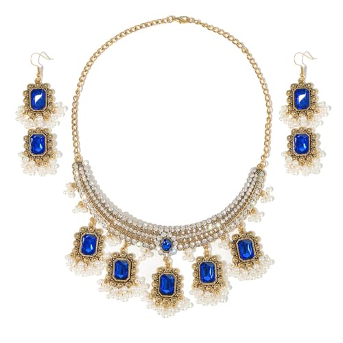 XJEIVJIC Ethnisches Rechteck Perlen Quaste Quastel Dangle Drop Stud Ohrringe Choker Halskette Set für Frauen Vintage Indian Traditionelle Mode Antiquitäten Bollywood für Hochzeitsfeier von XJEIVJIC