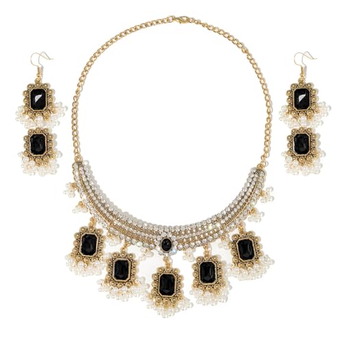 XJEIVJIC Ethnisches Rechteck Perlen Quaste Quastel Dangle Drop Stud Ohrringe Choker Halskette Set für Frauen Vintage Indian Traditionelle Mode Antiquitäten Bollywood für Hochzeitsfeier von XJEIVJIC