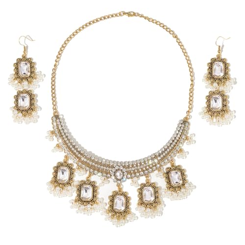 XJEIVJIC Ethnisches Rechteck Perlen Quaste Quastel Dangle Drop Stud Ohrringe Choker Halskette Set für Frauen Vintage Indian Traditionelle Mode Antiquitäten Bollywood für Hochzeitsfeier von XJEIVJIC