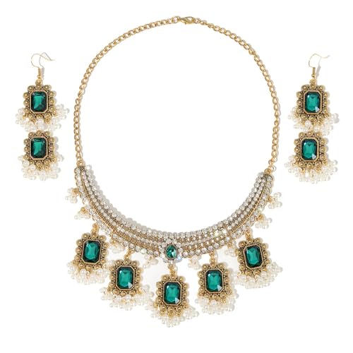 XJEIVJIC Ethnisches Rechteck Perlen Quaste Quastel Dangle Drop Stud Ohrringe Choker Halskette Set für Frauen Vintage Indian Traditionelle Mode Antiquitäten Bollywood für Hochzeitsfeier von XJEIVJIC