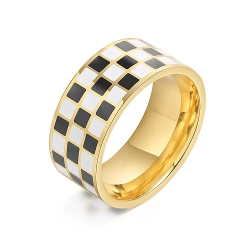 XJEIVJIC Fashion Checker Band Rings for Women Men Stainless Steel 14K White Black Enamel Ring Knuckle Middle Comfort Fit Hypoallergenic Gifts for Boy Girls Mom Birthday Xmas von XJEIVJIC