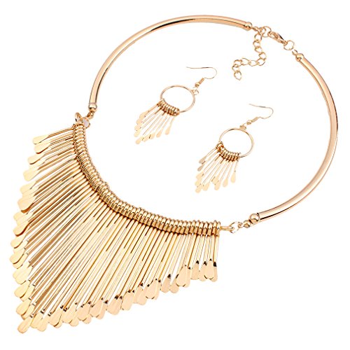 XJEIVJIC Frauen im ethnischen Stil Quasten Drop Anhänger Falschkragen Statement Halskette Ohrringe Set Set von XJEIVJIC