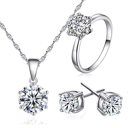 XJEIVJIC Gemstone Rainbow Cubic Zirconia Round Gemstone Necklace Pendant Earrings and Ring Sets for Women von XJEIVJIC