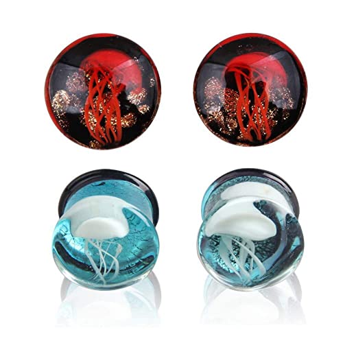 XJEIVJIC Glas Ozean Quallen Farbohrstöpsel Messgeräte Tunnel EXPREIDER BEIDER ZUR einzigartige Ohrringe Doppelte Piercings Körperblau rotes Set von XJEIVJIC