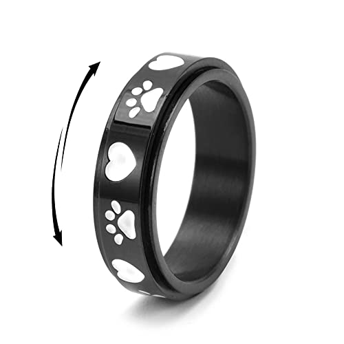 XJEIVJIC Lovely Dogs Paw Print Fidget Ring Stress Relieving Anti Spinner Rotate Freely Cute Animal Black Stainless Steel Promise Wedding Birthday Gift for Women Men Boredom ADHD Autism Anxiety Bands von XJEIVJIC
