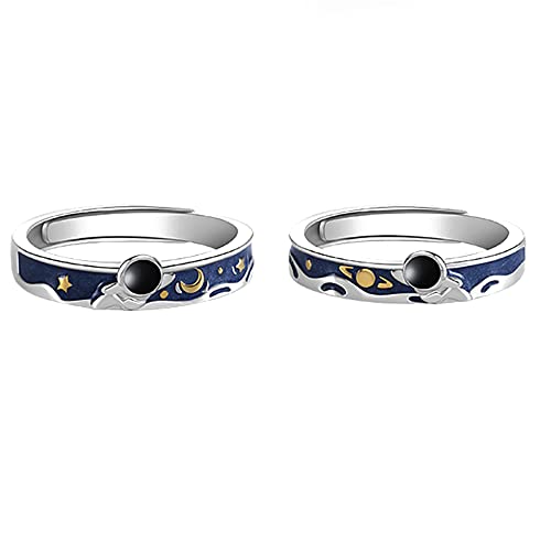 XJEIVJIC Nette Astronautpaare Ringe für ihn und ihr passendes Versprechen Verlobungsvergütung Hochzeit Blau Statement Open Band Sets Planet Star Moom Geschenk zum Valentinstag Jubiläum von XJEIVJIC