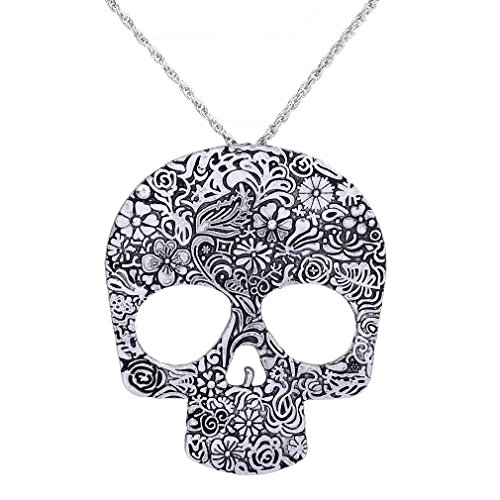 XJEIVJIC Punk Blumenmuster Schädel Anhänger Kette Halskette 27 " von XJEIVJIC