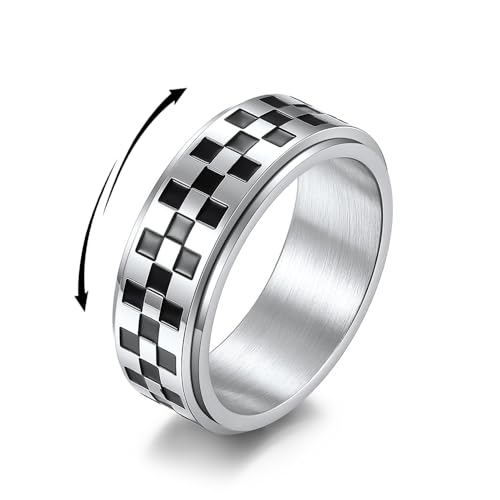 XJEIVJIC Schachbrettbänder Statement Fingerring Schwarzer weißer Stahlringe Checker Polished Drehspinner Zappel Bandzeiger Ring Komfort Fit Hochzeit Paar für Frauen Männer von XJEIVJIC
