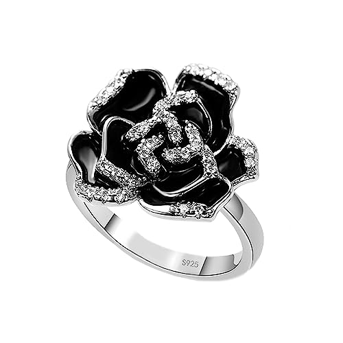 XJEIVJIC Schwarze Emaille Rose Blume Kubikzirkonia Statement Ringe für Frauen Mädchen zierlich Kristallkamellien Blumen Verlobungs Hochzeit Finger Ring Xmas Freundin BFF von XJEIVJIC