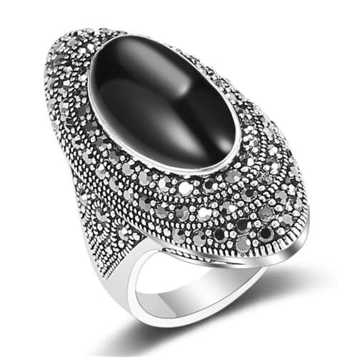 XJEIVJIC Schwarze Strasssteine ​​Oval Cocktail Statement Ringe für Frauen Boho Elegant Marcasit Onyx Finger Ring für Jubiläumszeit Vintage Comfort Fit Fashion von XJEIVJIC