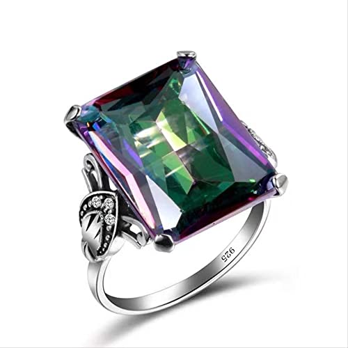 XJEIVJIC Solide mystische Regenbogen -Topaz Edelstein -Hochzeitsvergütung geschnitzter Ring fein von XJEIVJIC