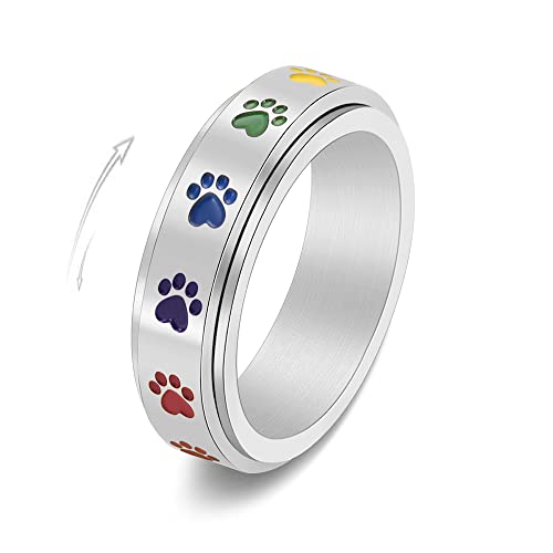 XJEIVJIC Stainless Steel Paw Print Spinner Ring for Anxiety Fidget Rings Relieving Stress Rotate Freely Cute Animal Enameled Engagement Wedding Band Gift for Women Men Birthday Christmas Anniversary von XJEIVJIC