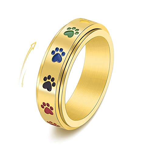 XJEIVJIC Stainless Steel Paw Print Spinner Ring for Anxiety Fidget Rings Relieving Stress Rotate Freely Cute Animal Enameled Engagement Wedding Band Gift for Women Men Birthday Christmas Anniversary von XJEIVJIC