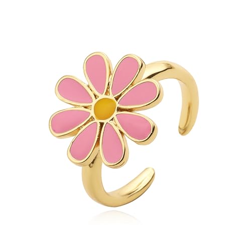 XJEIVJIC Süße Gänseblümchenblume verstellbare offene Ring für Frauen süße 14k bunte Emaille Hypoallergene Blumen expandierbare Statement Band Finger Ringe Komfort Pass von XJEIVJIC