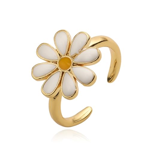 XJEIVJIC Süße Gänseblümchenblume verstellbare offene Ring für Frauen süße 14k bunte Emaille Hypoallergene Blumen expandierbare Statement Band Finger Ringe Komfort Pass von XJEIVJIC