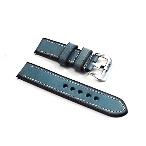 XJEIVJIC Wachgurt Leder Retro handgefertigtes Armband 20mm 22 mm 24mm Vintage Dicke Uhrenband -Uhr -Gurtriemen polierte Schnalle Dauer (Bandfarbe: Blau, Bandbreite: 22 mm) von XJEIVJIC