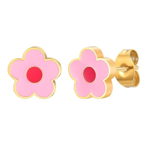 Zögern rosa Blumenstollen Ohrringe für Frauen 14k Edelstahl niedliche minimalistische Emaille Blumenblumen Hypoallergene Mode -Hochzeitsfeier für ihre Tochter Nichte von XJEIVJIC