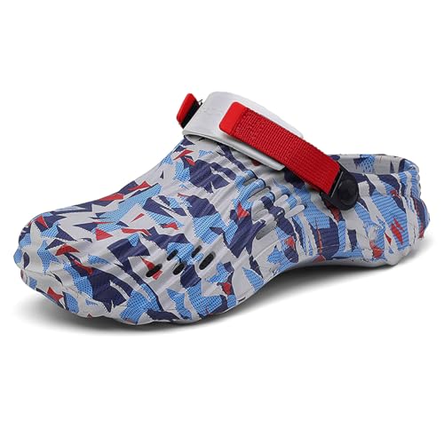 XJITIGER Atmungsaktive Clogs für Herren Damen – Leichte Gartenschuhe mit Fersenriemen – rutschfeste Badeschuhe für Strand, Garten, Arbeit – Camouflage Design Grau Rot 42 von XJITIGER