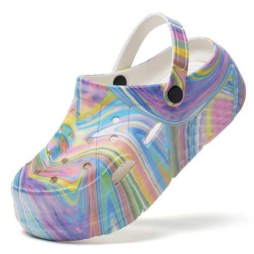 XJITIGER Damen Platform Clogs mit Moden Print Atmungsaktive Eva Gartenschuhe rutschfest Wasserabweisend Ideal für Strand Garten Freizeit Regenbogen Violett 41 von XJITIGER