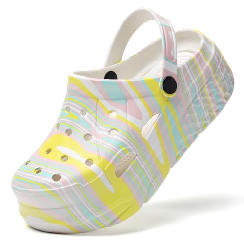 XJITIGER Damen Platform Clogs mit Moden Print Atmungsaktive Eva Gartenschuhe rutschfest Wasserabweisend Ideal für Strand Garten Freizeit Regenbogengelb 42 von XJITIGER
