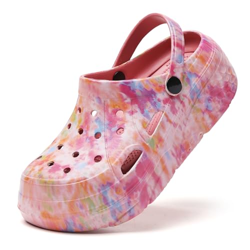 XJITIGER Damen Platform Clogs mit Moden Print Atmungsaktive Eva Gartenschuhe rutschfest Wasserabweisend Ideal für Strand Garten Freizeit Rot Regenbögen 41 von XJITIGER