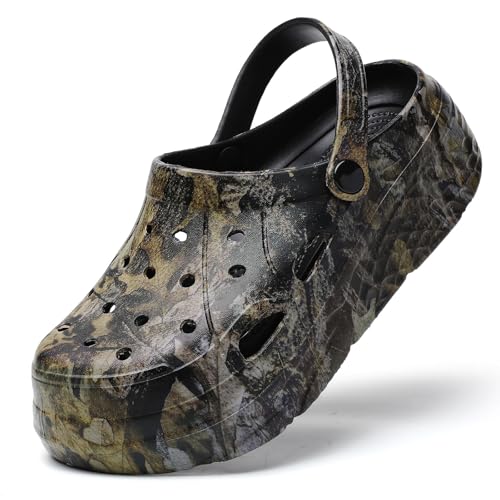 XJITIGER Damen Platform Clogs mit Moden Print Atmungsaktive Eva Gartenschuhe rutschfest Wasserabweisend Ideal für Strand Garten Freizeit Schwarze Blätter 42 von XJITIGER